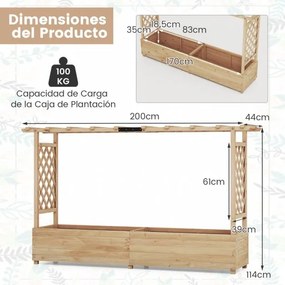 Floreira elevada de madeira com telhado em arco e treliça suspensa com orifício de drenagem 200 x 114 cm Natural