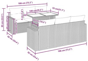 7 pcs conjunto sofás jardim almofadões vime PE/acácia cinzento