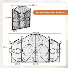 Protetor frontal para lareira de 3 painéis com padrão floral e resistente para lareira em metal para sala de estar 151 x 83 cm Preto