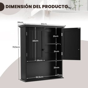Armario de parede para casa de banho com 2 portas Prateleira regulável em altura 60 x 20 x 70,5 cm Preto
