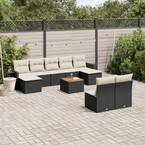 10 pcs conjunto sofás de jardim c/ almofadões vime PE preto