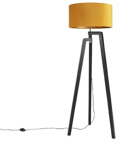Candeeiro de pé tripé preto com cúpula amarela e dourado 50 cm - Puros Country / Rústico