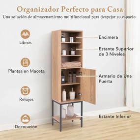 Armário de arrumação de 145 cm de altura com estantes ajustáveis com porta para sala de estar, cozinha, escritório Natural