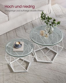 Conjunto de 2 mesas de sala de estar modernas em branco e transparente