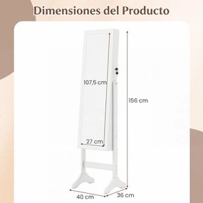 Armário para Joias de Pé com Espelho de Corpo Inteiro, 40 x 36 x 156 cm, Fecho com Chave, Branco