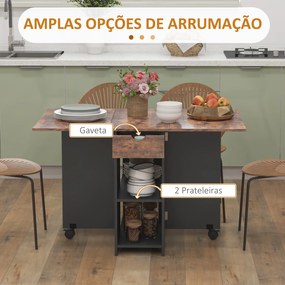 Mesa de Cozinha Dobrável com Rodas Laterais Rebatíveis Gaveta e Prateleiras para 2-4 Pessoas 120x72x75 cm Castanho rústico e preto