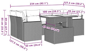 7 pcs conjunto de sofás jardim c/ almofadões vime PE castanho