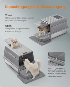 Caixa de areia para gatos 60 x 40 x 38 cm em aço inoxidável com tampa e acessórios, cinzento