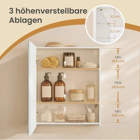 Armário casa banho suspenso com espelho 13 x 50 x 60 cm, armário de arrumação com prateleiras ajustáveis, moderno branco