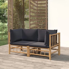 Sofás de canto p/ jardim bambu c/ almofadões 2 pcs cinza-escuro