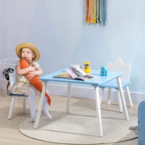 ZONEKIZ Conjunto de Mesa e 2 Cadeiras Infantil Mesa Infantil Móveis de Madeira Crianças para Sala de Estar Brinquedoteca Dormitório 68x68x47cm e 30x30x51,5cm Azul
