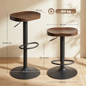 Conjunto de 2 Bancos de bar, 41,5 x 41,5 x 61-82 cm, ajustáveis e giratórios, com assento em madeira de olmo castanho-escuro