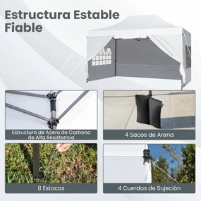 Tenda dobrável 431 x 291 cm, pop-up com 4 paredes amovíveis, altura ajustável, 4 x Sacos de areia, saco de transporte, rodas, impermeável, para pátio,
