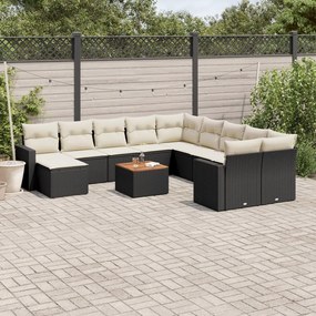 12 pcs conjunto de sofás de jardim c/ almofadões vime PE preto
