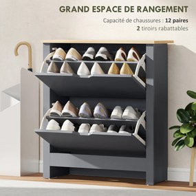 Sapateira com capacidade para 12 pares 72 x 26 x 80 cm, armário estreito com 2 gavetas rebatíveis e prateleiras ajustáveis, cinzento escuro