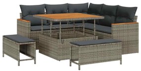Conjunto de Sofá de Jardim de 8 Peças com Almofadas Cinza Vime Polieti