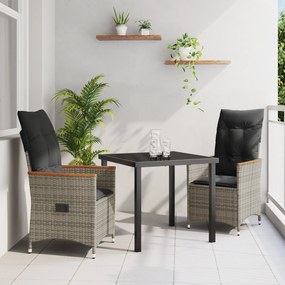 vidaXL Conjunto de Jantar de Jardim de 3 Peças com Almofadas Cinza em Rattan Poliéster
