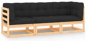 3 pcs conjunto lounge de jardim c/ almofadões pinho maciço