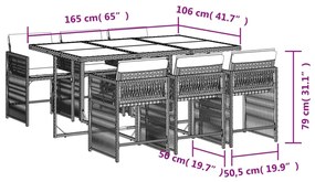 7 pcs conjunto de jantar p/ jardim c/ almofadões vime PE cinza