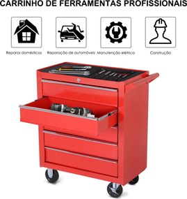 Carrinho de Ferramentas com 5 Gavetas Rodas Trava Armário de Armazenamento para Oficina de Garagem e Chapa de Aço 69x33x75 cm Vermelho