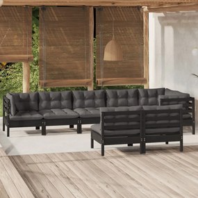 vidaXL 8 pcs conjunto lounge jardim c/ almofadões pinho maciço preto