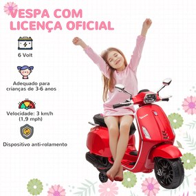 Mota Elétrica para Crianças de 3-6 Anos com Licença Vespa com USB MP3 Luz LED Rádio FM Velocidade 3 km/h Vermelho