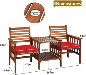 Conjunto de mesa e cadeira de 2 lugares em madeira de acácia para exterior com almofadas para pátio jardim castanho e vermelho
