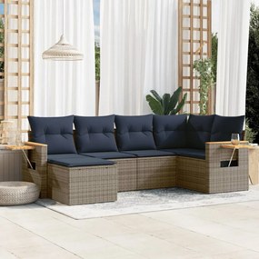 6 pcs conjunto sofás p/ jardim c/ almofadões vime PE cinzento