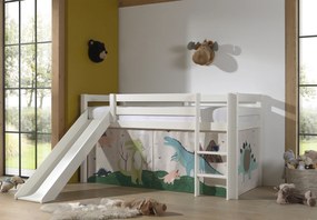 Cama alta de Criança PINO 90 x 200 cm + estrado + escada + escorrega + cortina Dinossauros Branca