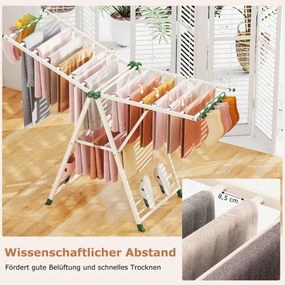 Estendal dobrável com braços ajustáveis 163 x 56 x 99–158 cm, pinças para meias e prateleira para sapatos, secador de roupa extensível bege