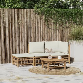 vidaXL 3 pcs conjunto lounge de jardim bambu c/ almofadões branco nata