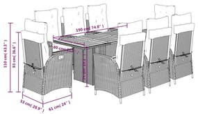 9 pcs conjunto de jantar p/ jardim c/ almofadões vime PE cinza