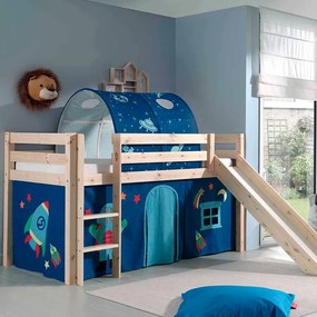 Conjunto Cama alta de Criança PINO 90 x 200 cm + estrado + escada + escorrega + cortina + túnel Astronauta Natural