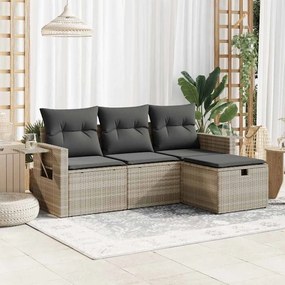 4 pcs conj. sofás jardim c/ almofadões vime PE cinzento-claro