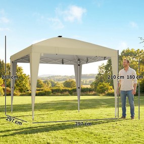 Tenda de jardim 3 x 3 m com iluminação, tenda dobrável com altura ajustável, comando à distância e saco de transporte, cor creme