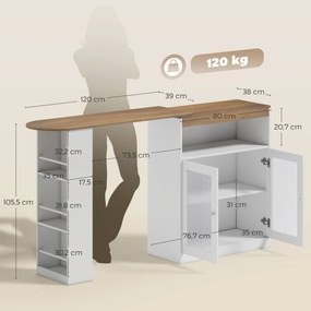 Mesa de Bar Extensível e Rotativa 360° com Prateleiras Abertas e 2 Portas de Vidro 150x80x105,5 cm Branco e Madeira