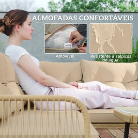 Conjunto de Jardim de Vime Sintético de 4 Peças Inclui 2 Sofás de 2 Lugares 1 Canto de Sofá 1 Mesa de Centro Madeira e Bege