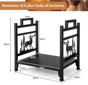 Suporte para lenha de metal com 2 pegas Base sólida Padrões de alces e árvores para interiores e exteriores 46 x 34 x 45 cm Preto