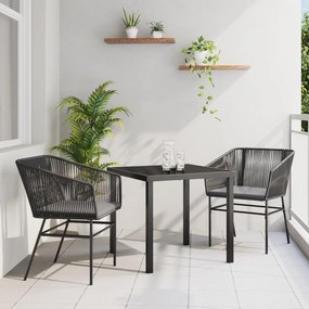 vidaXL Conjunto de Jantar de Jardim de 3 Peças com Almofadas Preto Vime Poliéster