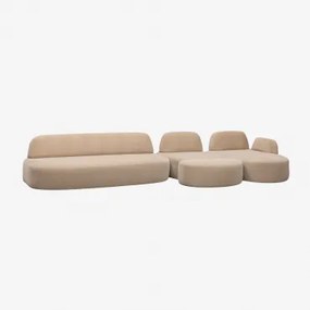 Sofá Modular Chaise Longue Direito De 3 Peças Com Módulo De Canto E Puff Estofado Giorgia Chenille Castanho Areia Claro - Sklum