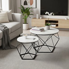 Conjunto de 2 mesas de centro redondas modernas em branco imitação mármore  e preto