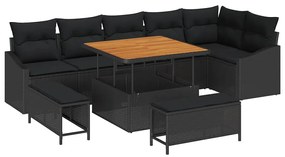 Sofá de Jardim de 9 Peças com Almofadas de Rattan Preto e Acácia