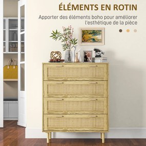 Cómoda com 4 gavetas 90 x 45 x 108,5, móvel de arrumação com frente em rattan trançado, estilo boémio acabamento em madeira clara