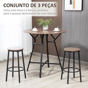 Conjunto de Mesa Alta e 2 Bancos de Bar Conjunto de Móveis de Refeição 3 Peças Estilo Industrial com Estrutura de Aço para Cozinha Sala de Estar Ø90x9