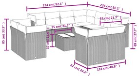 12 pcs conjunto de sofás jardim com almofadões vime PE castanho