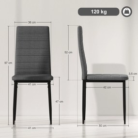Conjunto de 6 Cadeiras de Sala de Jantar Estofadas em Linho e Pés de Metal (MESA NÃO INCLUÍDA)  para Cozinha Carga Máxima 120kg 41x50x97 cm Cinza
