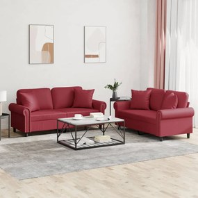 vidaXL 2 pcs conjunto sofás c/ almofadas couro artif. vermelho tinto