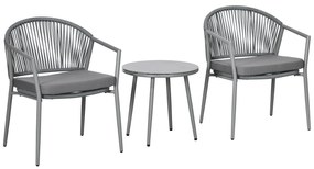Outsunny Conjunto de Jardim Exterior de 3 Peças com 2 Cadeiras e Mesa de Vime com Almofadas Acolchoadas e Bancada de Vidro Cinza | Aosom Portugal