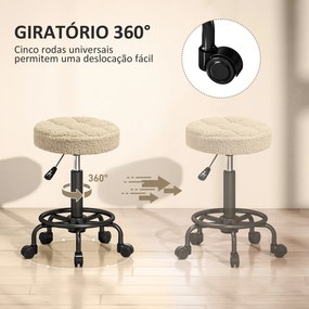 Banco Giratório Cosmetica Redondo Banco com Rodas Altura Regulável 50-66 cm Assento Estofado em Tecido tipo Borreguito Castanho Claro