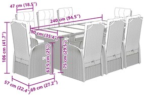 9 pcs conjunto de jantar p/ jardim c/ almofadões vime PE preto